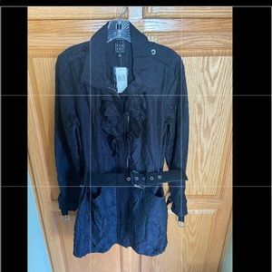 Due Per Due Ruffle Front Belted Winter Overcoat/ crinkle Jacket Black Small